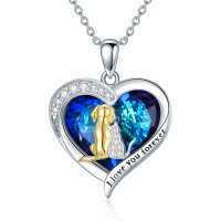 wholesale 925 Sterling Silver Heart-Shaped Blue Crystal Cat & Dog Pendant Necklace for Women's Gifts- Two Tone