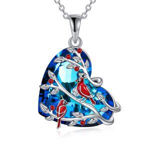 Sterling Silver Red Cardinals Crystal Pendant Necklace-0