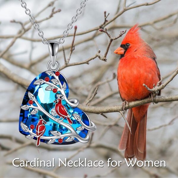 Sterling Silver Red Cardinals Crystal Pendant Necklace-2