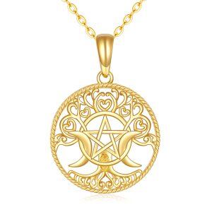 14K Gold Triple Moon Goddess Pentacle Necklace-0