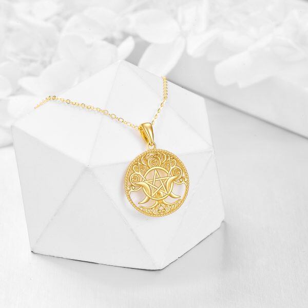 14K Gold Triple Moon Goddess Pentacle Necklace-3