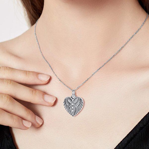 Sterling Silver Angel Wing Heart Urn Necklace-4