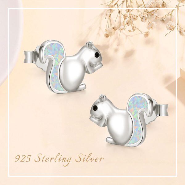 Sterling Silver Cute Opal Little Squirrel Stud Earrings-3