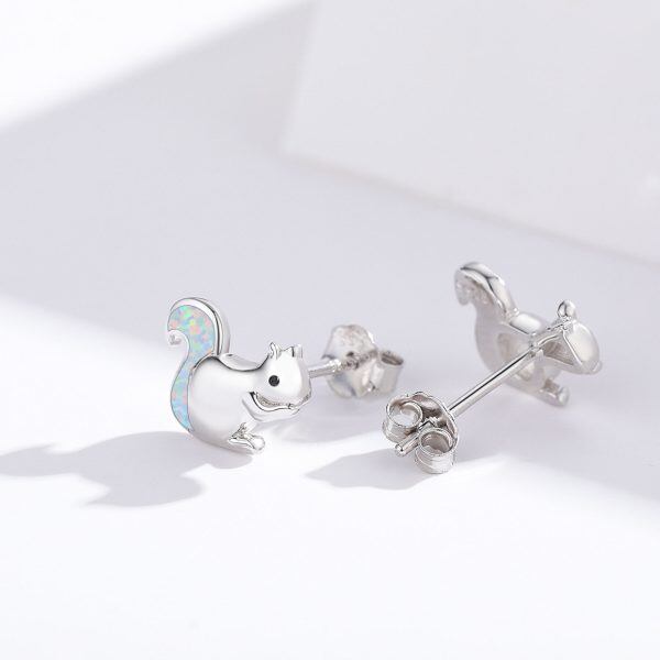 Sterling Silver Cute Opal Little Squirrel Stud Earrings-4