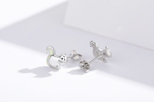 Sterling Silver Cute Opal Little Squirrel Stud Earrings-5