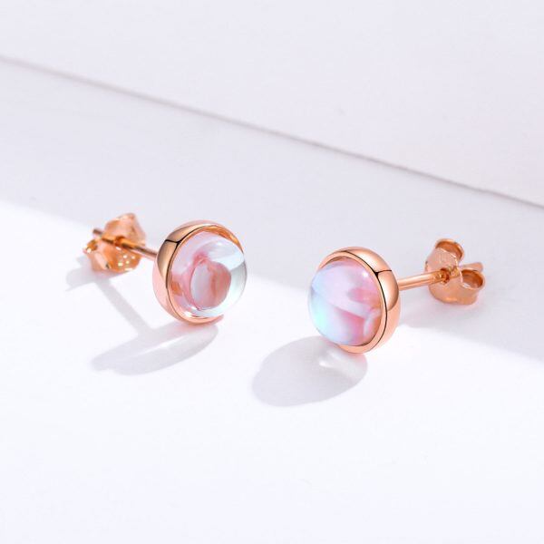 Sterling Silver Rose Gold Plated Moonstone Round Stud Earrings-1