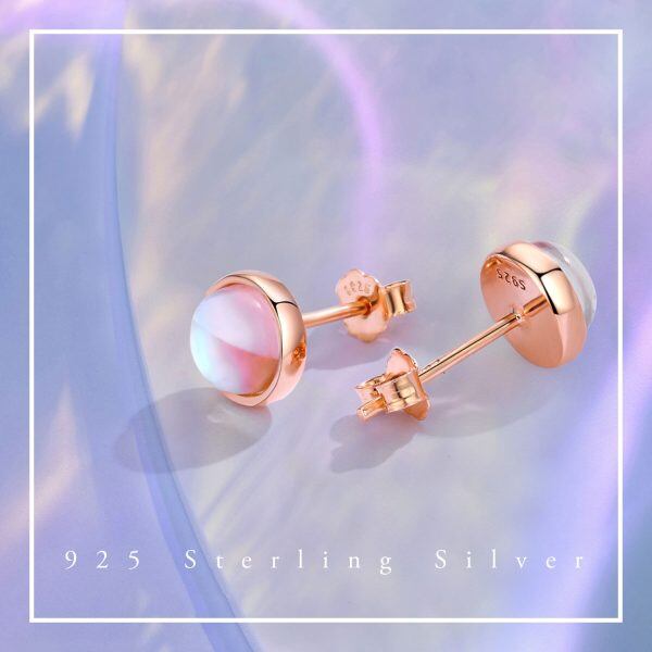 Sterling Silver Rose Gold Plated Moonstone Round Stud Earrings-2