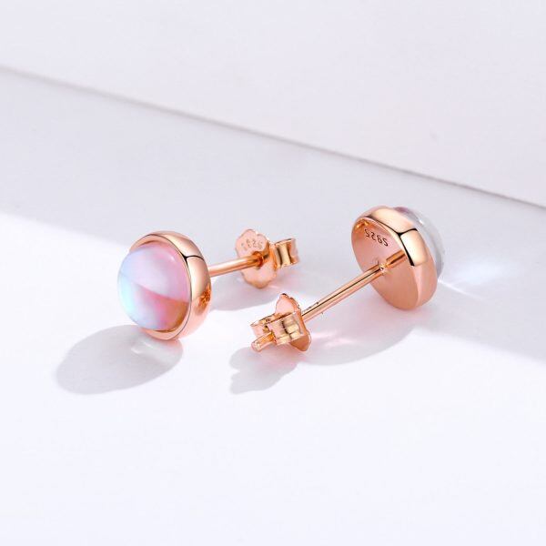 Sterling Silver Rose Gold Plated Moonstone Round Stud Earrings-3