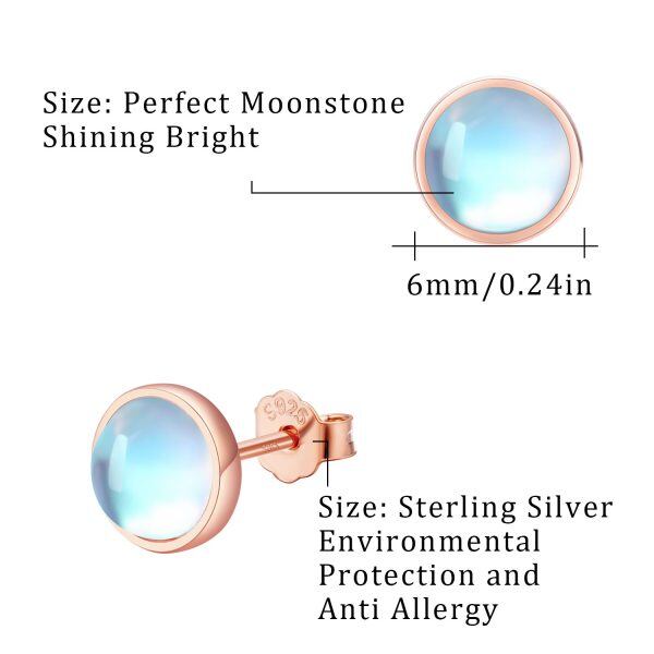 Sterling Silver Rose Gold Plated Moonstone Round Stud Earrings-6