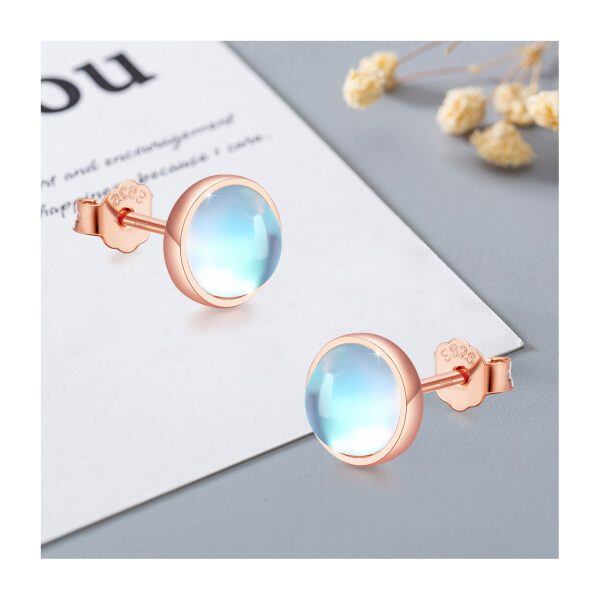 Sterling Silver Rose Gold Plated Moonstone Round Stud Earrings-14