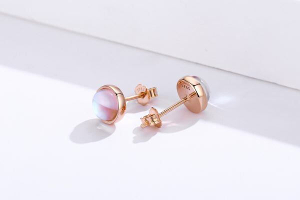 Sterling Silver Rose Gold Plated Moonstone Round Stud Earrings-15