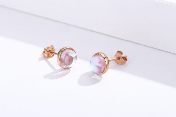 Sterling Silver Rose Gold Plated Moonstone Round Stud Earrings-16