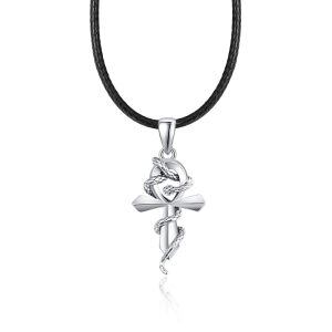 Sterling Silver Snake Ankh Cross Pendant Necklace With Leather Cord-0