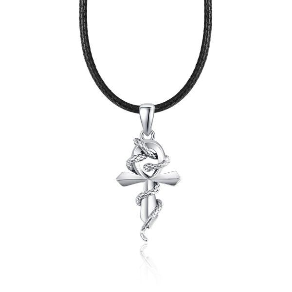 Sterling Silver Snake Ankh Cross Pendant Necklace With Leather Cord-0