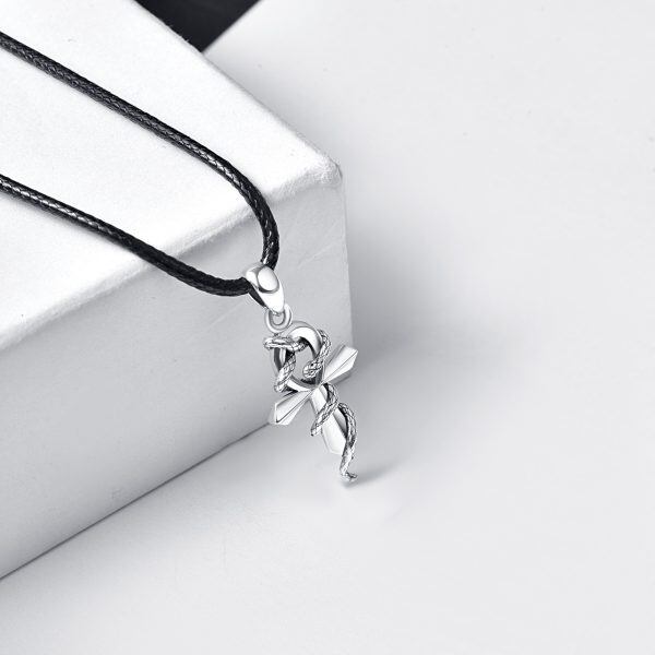 Sterling Silver Snake Ankh Cross Pendant Necklace With Leather Cord-2