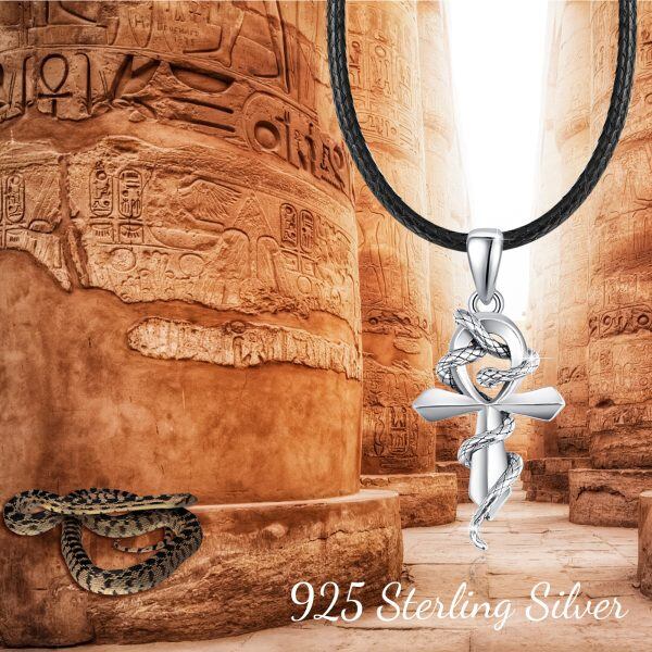 Sterling Silver Snake Ankh Cross Pendant Necklace With Leather Cord-5