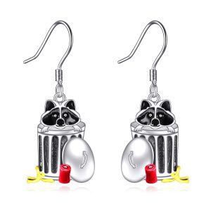 Sterling Silver Raccoon Dangle Drop Earrings-0