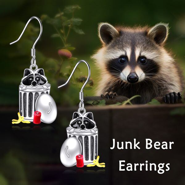 Sterling Silver Raccoon Dangle Drop Earrings-5