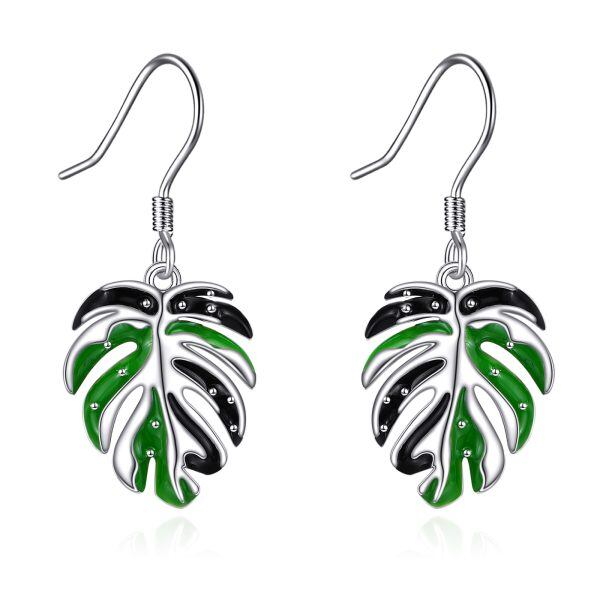 Sterling Silver Enamel Tropical Monstera Leaf Dangle Drop Earrings-0