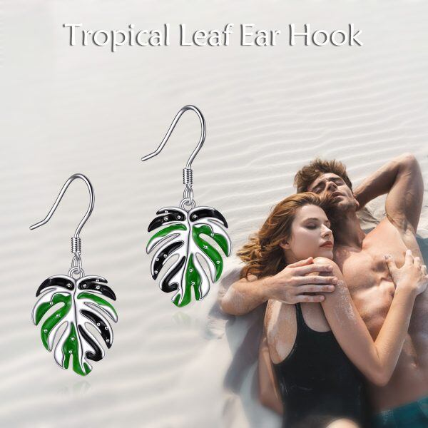 Sterling Silver Enamel Tropical Monstera Leaf Dangle Drop Earrings-3