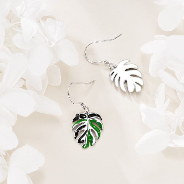 Sterling Silver Enamel Tropical Monstera Leaf Dangle Drop Earrings-4