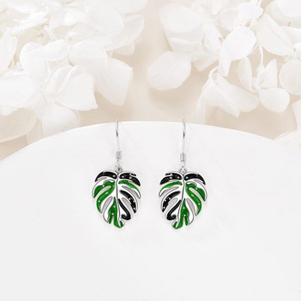 Sterling Silver Enamel Tropical Monstera Leaf Dangle Drop Earrings-5