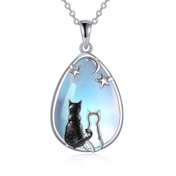 Sterling Silver Black Cat Moonstone Pendant Necklace-0