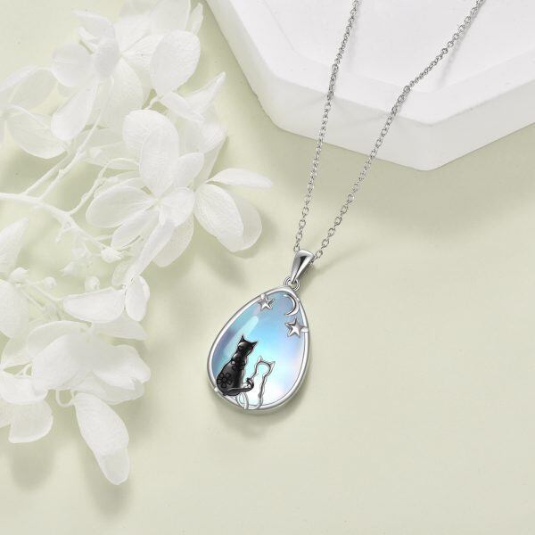 Sterling Silver Black Cat Moonstone Pendant Necklace-2