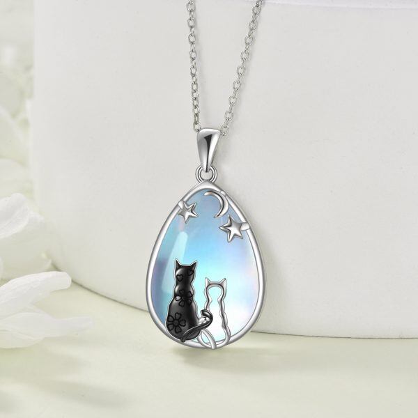 Sterling Silver Black Cat Moonstone Pendant Necklace-3