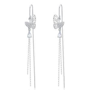 Sterling Silver Butterfly Long Tassel Dangle Threader Earrings-0