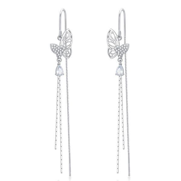 Sterling Silver Butterfly Long Tassel Dangle Threader Earrings-0