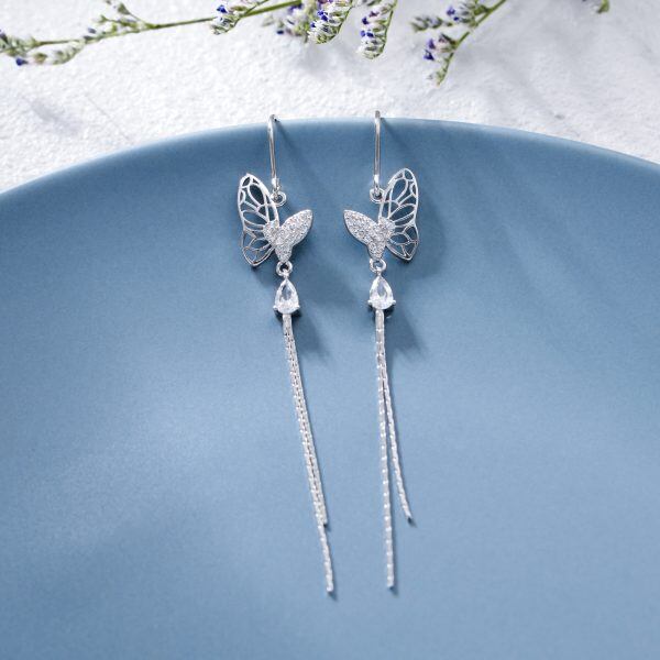 Sterling Silver Butterfly Long Tassel Dangle Threader Earrings-4