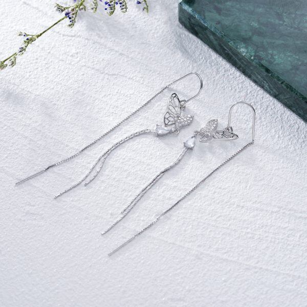 Sterling Silver Butterfly Long Tassel Dangle Threader Earrings-5