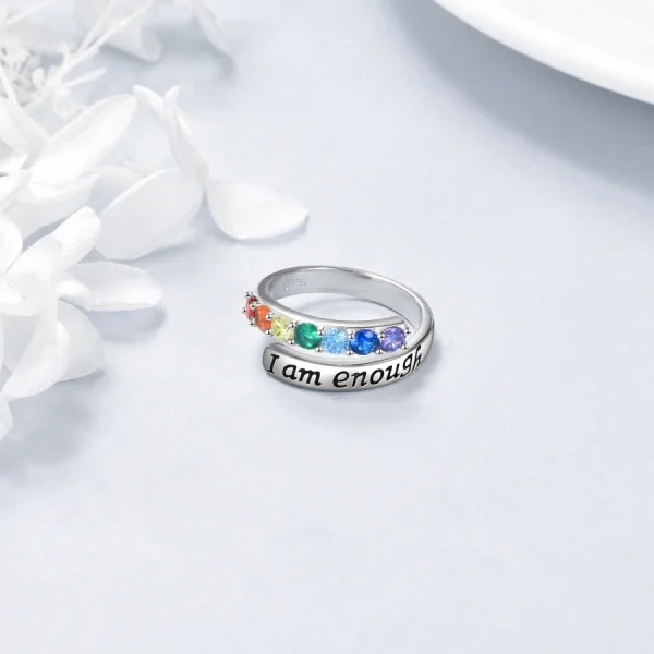 Sterling Silver "I Am Enough " Adjustable Chakra Ring-3