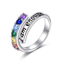 wholesale 925 Sterling Silver Rainbow Chakra I Am Enough Engraved Adjustable Ring for Women- US # 7