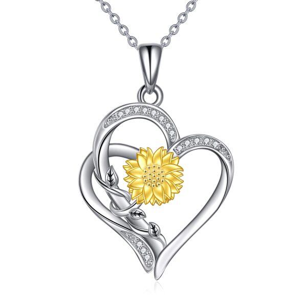 Sterling Silver Diamond Heart Pendant Necklace With 18K Gold Plated Sunflower-0