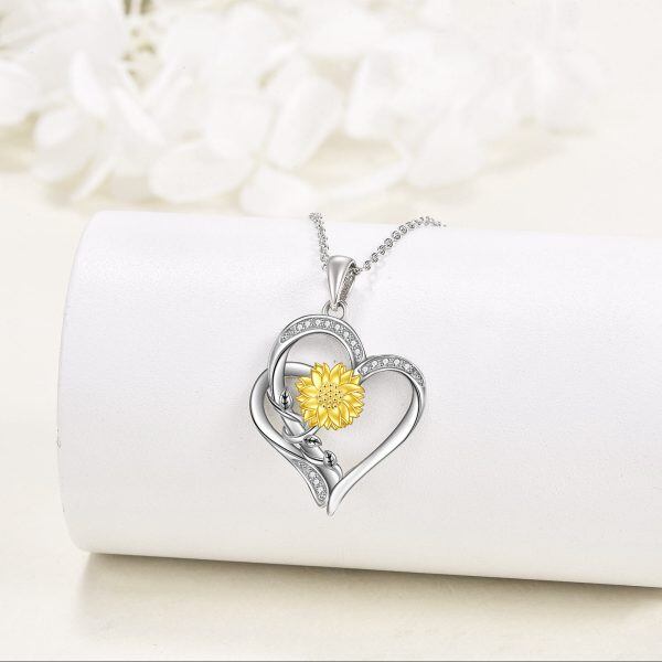 Sterling Silver Diamond Heart Pendant Necklace With 18K Gold Plated Sunflower-2