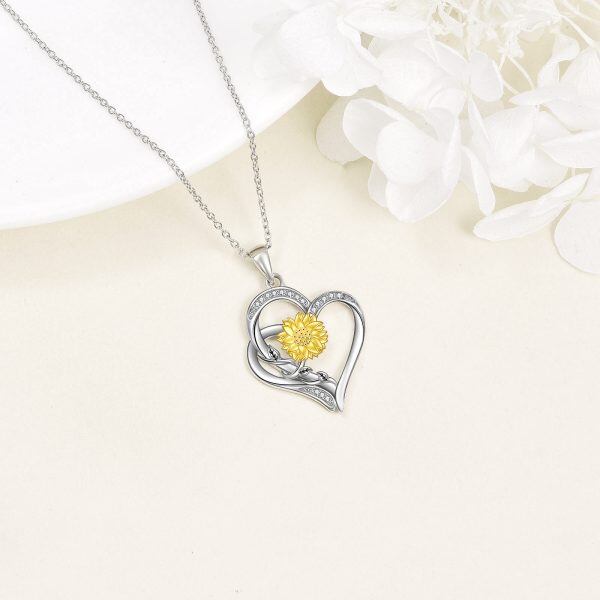 Sterling Silver Diamond Heart Pendant Necklace With 18K Gold Plated Sunflower-3