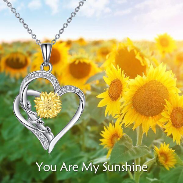 Sterling Silver Diamond Heart Pendant Necklace With 18K Gold Plated Sunflower-4