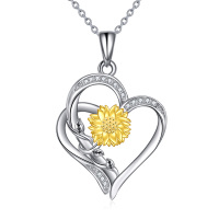 wholesale Gold-Plated 925 Sterling Silver Natural Diamond Sunflower Heart Pendant Necklace for Women- Two Tone