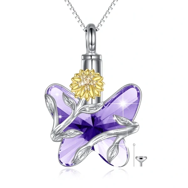 Sterling Silver Sunflower Butterfly Urn Necklace With Crystal-0