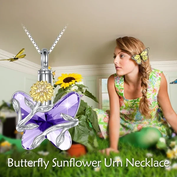 Sterling Silver Sunflower Butterfly Urn Necklace With Crystal-2