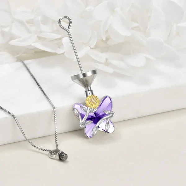 Sterling Silver Sunflower Butterfly Urn Necklace With Crystal-4