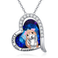wholesale 925 Sterling Silver Blue Austrian Crystal Guinea Pig Heart Pendant Necklace for Women Girls- Two Tone