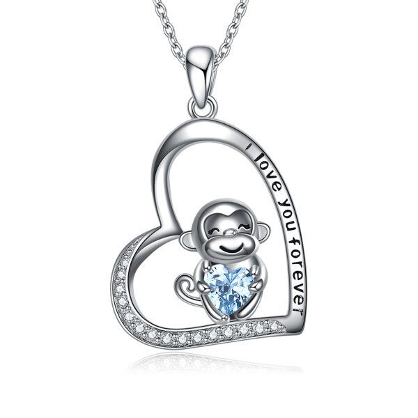 Stering Silver Heart CZ Monkey Pendant Necklace-0