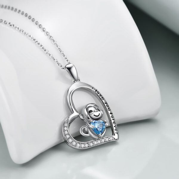 Stering Silver Heart CZ Monkey Pendant Necklace-2