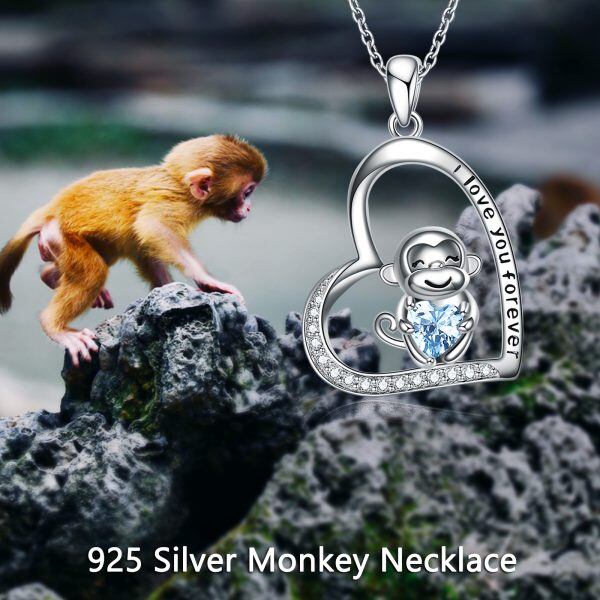 Stering Silver Heart CZ Monkey Pendant Necklace-4