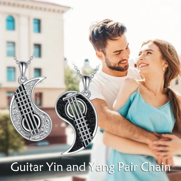 Sterling Silver Yin Yang Guitar Couple Pendant Necklace-2