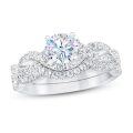 wholesale 925 Sterling Silver Platinum-Plated Halo Engagement & Wedding Band Set with Round Cut Moissanites (1 ct tw)-0-0