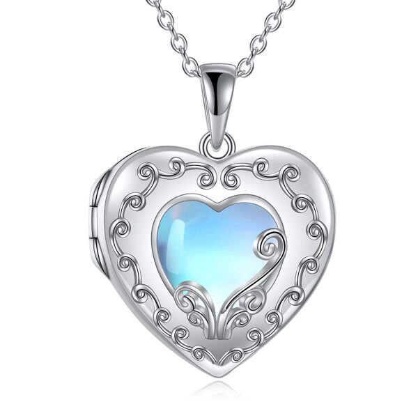 Sterling Silver Moonstone Heart Locket Necklace-0